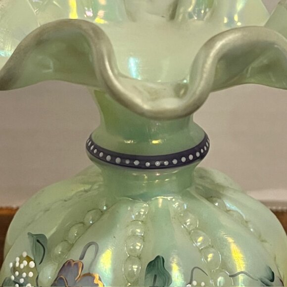 Fenton Iridized Sea Green Beaded Melon Pansies Vase Signed Frank & Tom Fenton - Picture 5 of 12